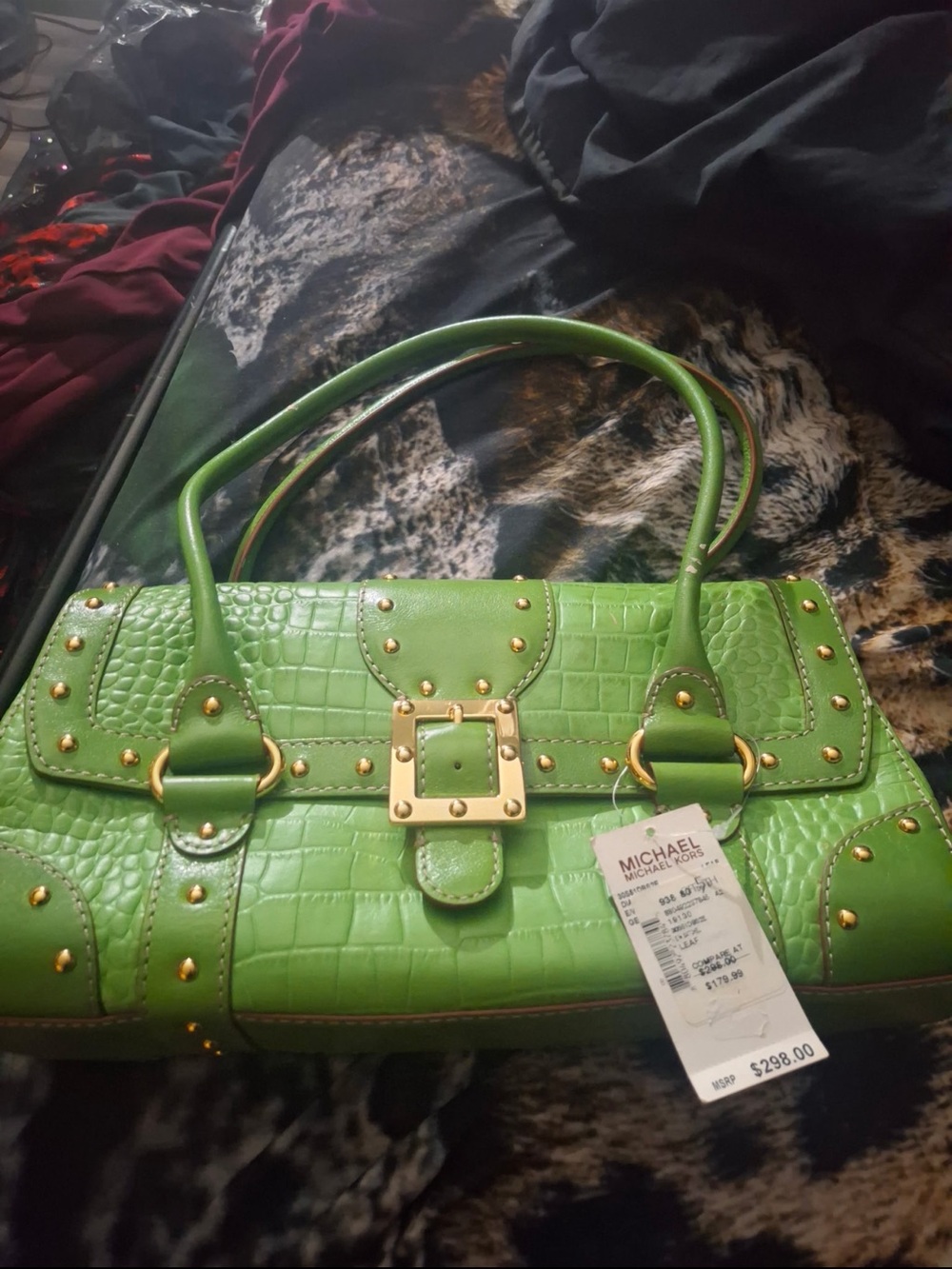 Michael Kors Bright Green Studded Croc-Embossed Satchel - Picture 2 of 3